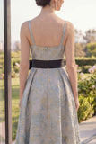 Dusty Blue Jacquard Asymmetrical V-Neck Floral Midi Dress with Bow