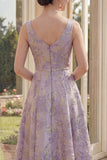 Dusty Lilac Floral Thick Straps Jacquard Maxi A Line Midi Dress