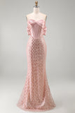 Blush Mermaid Sequin Strapless Corset Long Formal Dress with Bow