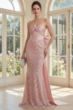 Blush Mermaid Sequin Strapless Corset Long Formal Dress with Bow