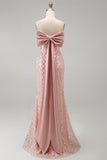 Blush Mermaid Sequin Strapless Corset Long Formal Dress with Bow