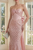 Blush Mermaid Sequin Strapless Corset Long Formal Dress with Bow