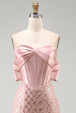 Blush Mermaid Sequin Strapless Corset Long Formal Dress with Bow