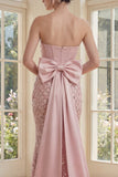 Blush Mermaid Sequin Strapless Corset Long Formal Dress with Bow