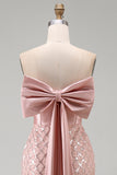 Blush Mermaid Sequin Strapless Corset Long Formal Dress with Bow