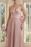Strapless Blush Corset A Line Bowed Midi Dress