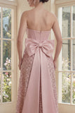 Strapless Blush Corset A Line Bowed Midi Dress