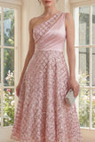 Sparkly One Shoulder Blush A Line Bowed Midi Dress