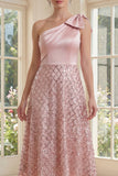 Sparkly One Shoulder Sequin Blush A Line Midi Dress with Bow