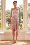 One Shoulder Blush Sequin Bowed Midi Dress