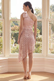 One Shoulder Blush Sequin Bowed Midi Dress