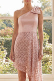 One Shoulder Blush Sequin Bowed Midi Dress