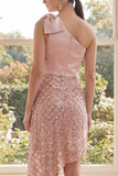 One Shoulder Blush Sequin Bowed Midi Dress
