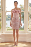 Sparkly Strapless Corset Blush Bodycon Mini Dress with 3D Flower