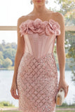 Sparkly Strapless Corset Blush Bodycon Mini Dress with 3D Flower