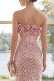 Sparkly Strapless Corset Blush Bodycon Mini Dress with 3D Flower