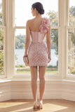 Sparkly One Shoulder Blush Bodycon Mini Dress with 3D Flower