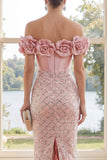 Off the Shoulder Blush Corset Bodycon Maxi Dress with 3D Flowers