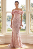 Off the Shoulder Blush Sequin Mermaid Corset Maxi Dress with 3D Flowers
