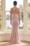 Off the Shoulder Blush Sequin Mermaid Corset Maxi Dress with 3D Flowers