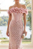Off the Shoulder Blush Sequin Mermaid Corset Maxi Dress with 3D Flowers
