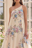 Apricot One Shoulder A Line High Low Beach Floral Dress