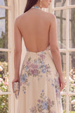 Halter Backless Apricot Floral A Line Maxi Beach Maxi Dress with Slit