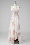 A Line Halter Apricot Floral Ruffled Open Back Maxi Beach Wedding Guest Dress with Slit