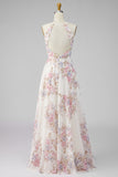 A Line Halter Apricot Floral Ruffled Open Back Maxi Beach Wedding Guest Dress with Slit