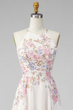 A Line Halter Apricot Floral Ruffled Open Back Maxi Beach Wedding Guest Dress with Slit