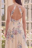 A Line Halter Apricot Floral Ruffled Open Back Beach Maxi Dress with Slit