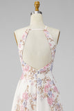 A Line Halter Apricot Floral Ruffled Open Back Maxi Beach Wedding Guest Dress with Slit