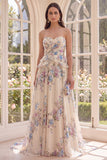 Basque Waist Apricot A Line Floral Maxi Dress with Ruffles