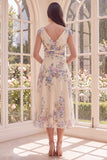 Ruched Apricot V-Neck Floral A Line Beach Midi Dress