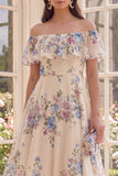 Off the Shoulder Apricot A Line Beach Midi Floral Dress with Ruffles