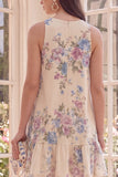 Boat Neck Apricot Floral A Line Beach Mini Floral Dress