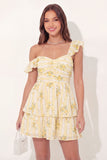 A-Line Yellow Floral Ruched Mini Graduation Dress with Ruffles