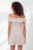 Off the Shoulder White Black Dot A-Line Ruffled Mini Graduation Dress with Belt