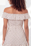 Off the Shoulder White Black Dot A-Line Ruffled Mini Graduation Dress with Belt