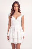 White Lace A-Line V-Neck Mini Graduation Dress with Cap Sleeves