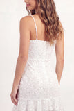 White Lace Bodycon Spaghetti Straps Mini Graduation Dress with Ruffles