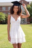 White A-Line Spaghetti Straps Floral Mini Graduation Dress