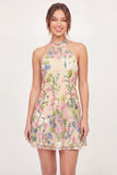 Yellow Halter Neck Tulle Floral Embroidered Mini Homecoming Dress