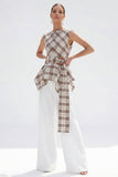 Brown Grid 2-Piece Bateau Neck Women Suits