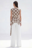 Brown Grid 2-Piece Bateau Neck Women Suits