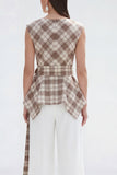 Brown Grid 2-Piece Bateau Neck Women Suits