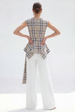 Brown Grid 2-Piece Bateau Neck Women Suits