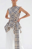 Brown Grid 2-Piece Bateau Neck Women Suits