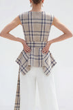 Brown Grid 2-Piece Bateau Neck Women Suits
