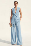 Shawl Lapel Blue 2-Piece Women Suits with Belt